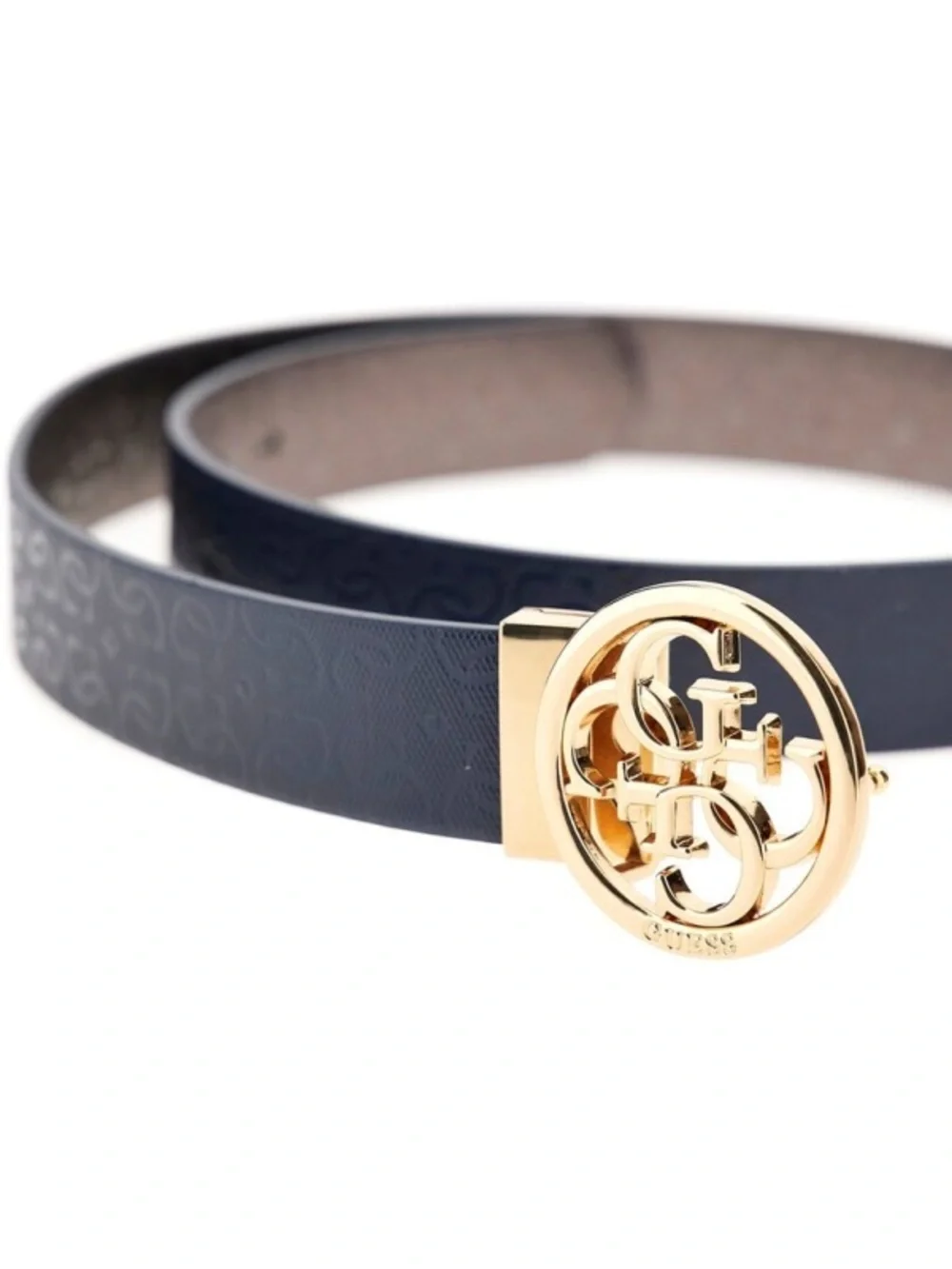 NewGuess Navy Signature Logo Belt with Gold Round Buckle